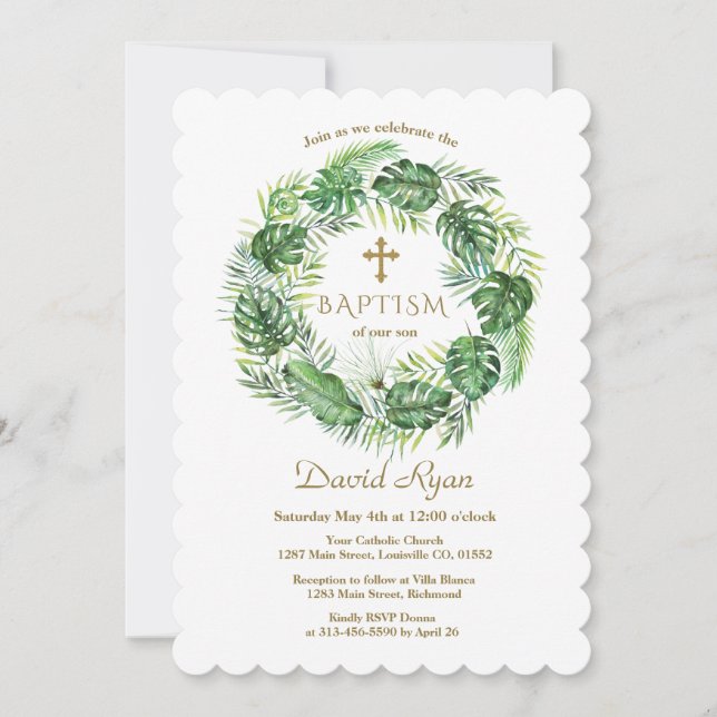 Exotic Hawaiian Tropical Leaves Wreath Christening Invitation (Front)