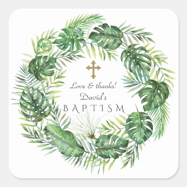 Exotic Hawaiian Tropical Leaves Wreath Christening Square Sticker (Front)