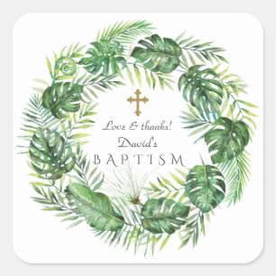 Exotic Hawaiian Tropical Leaves Wreath Christening Square Sticker