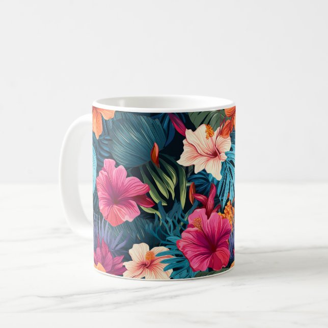 Exotic Hibiscus Botanical Pattern Coffee Mug (Front Left)