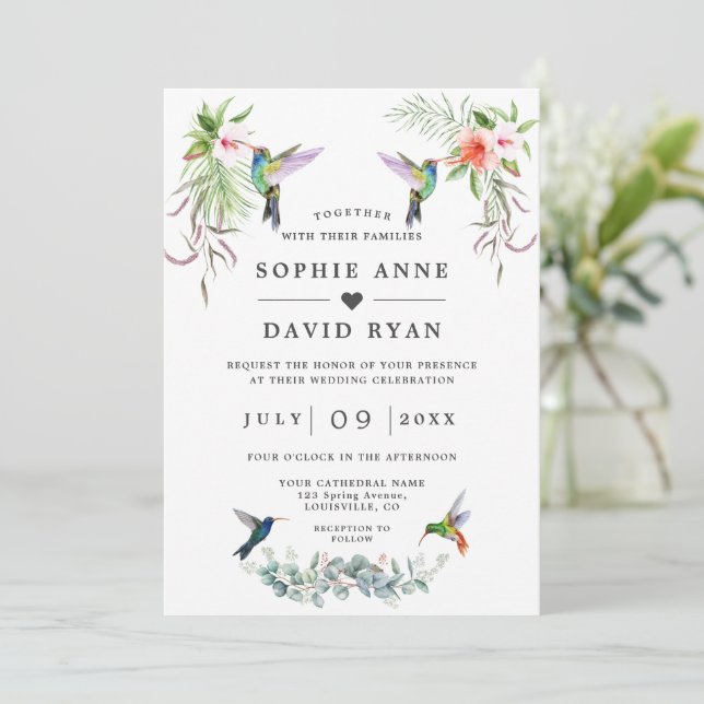 Exotic Hummingbirds Eucalyptus All In One Wedding  Invitation (Standing Front)