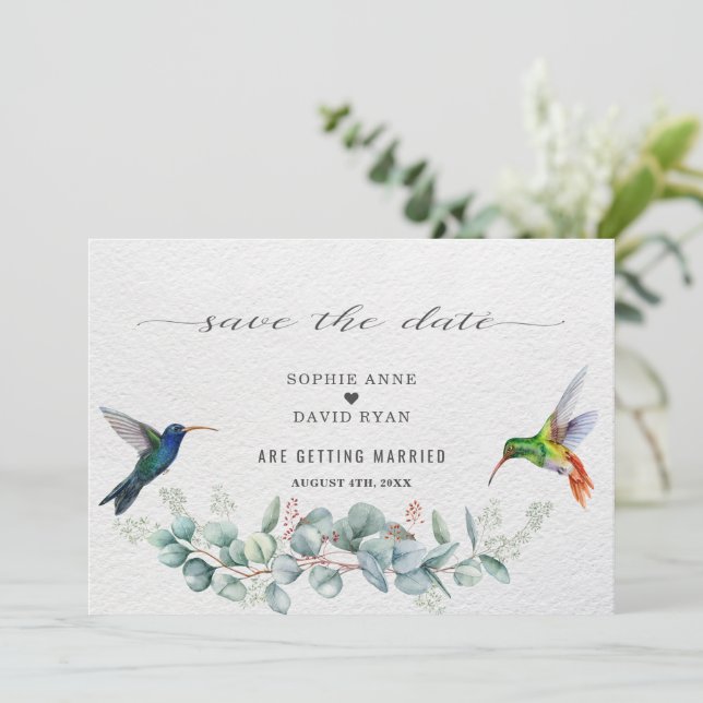 Exotic Hummingbirds Eucalyptus Protea Wedding  Save The Date (Standing Front)