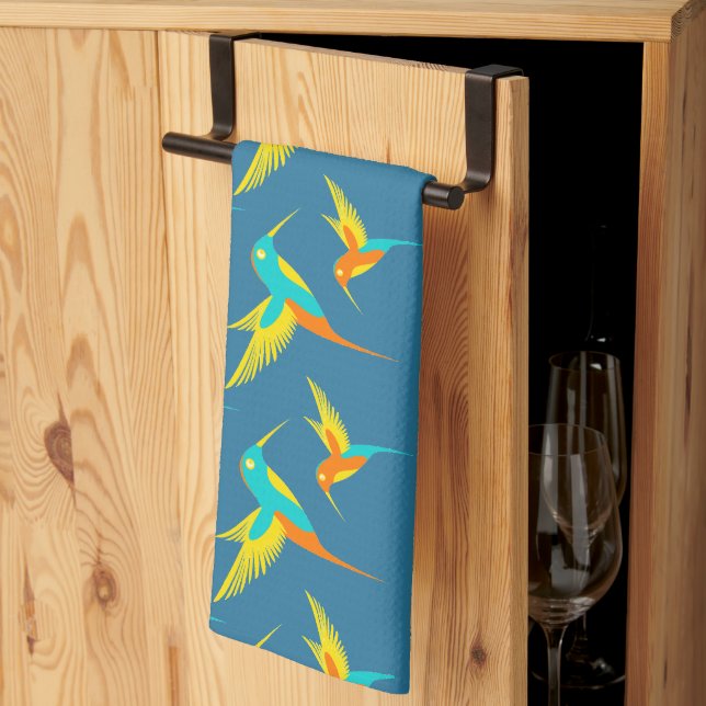Exotic Hummingbirds Pattern Blue  Tea Towel (Thirds Fold)