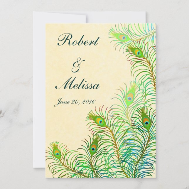 Exotic Indian Peacock Feathers Wedding Invitation (Front)