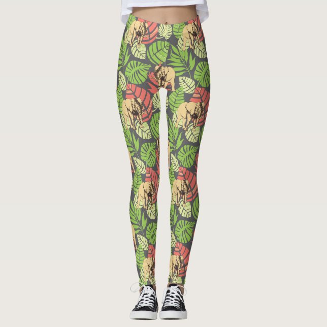 Exotic Jungle Leaves And Elephants 2 Leggings (Front)