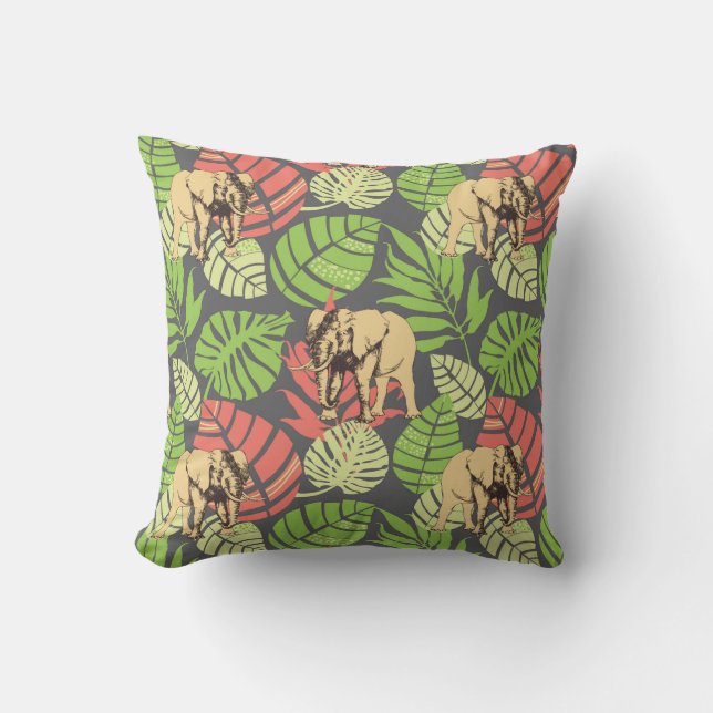 Exotic Jungle Leaves And Elephants Cushion (Front)