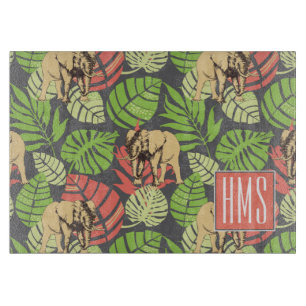 Exotic Jungle Leaves And Elephants Monogram Cutting Board