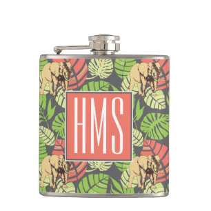 Exotic Jungle Leaves And Elephants   Monogram Hip Flask