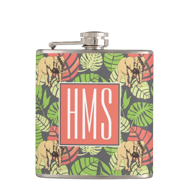 Exotic Jungle Leaves And Elephants | Monogram Hip Flask (Front)