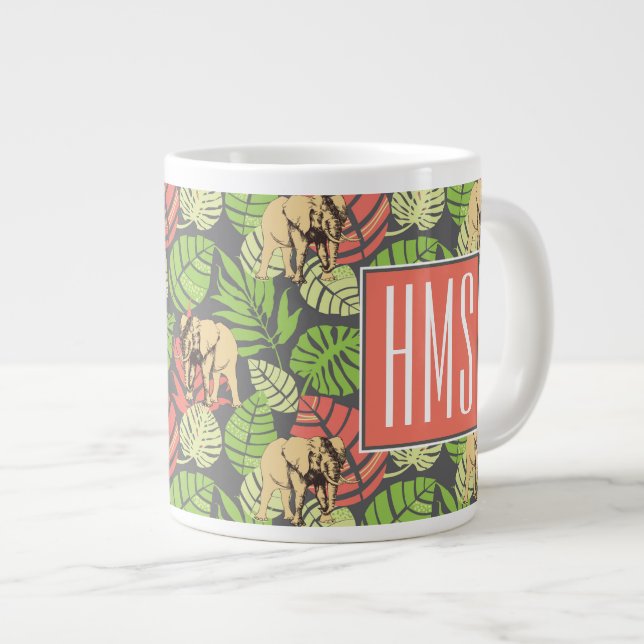 Exotic Jungle Leaves And Elephants | Monogram Large Coffee Mug (Front Right)