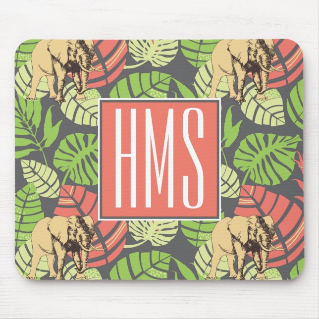 Exotic Jungle Leaves And Elephants | Monogram Mouse Mat (Front)