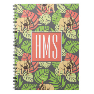Exotic Jungle Leaves And Elephants Monogram Notebook