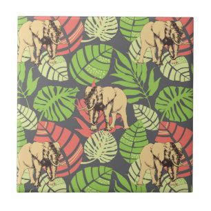 Exotic Jungle Leaves And Elephants Tile