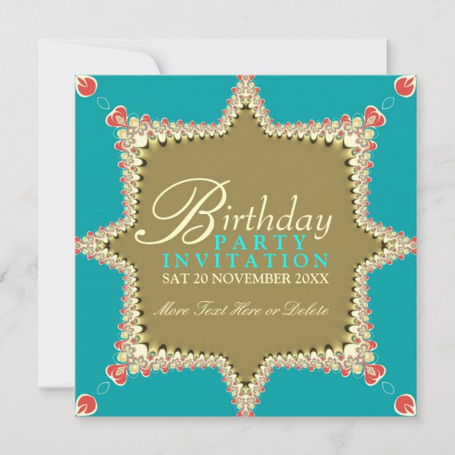 Exotic Lacy Aqua Gold Girls Party Invitations (Front)