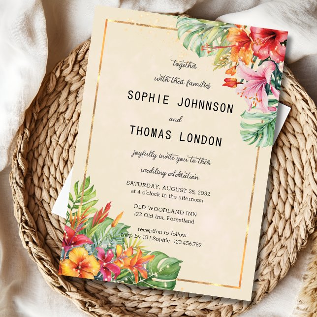 Exotic leaves and flowers watercolor wedding invitation (Creator Uploaded)
