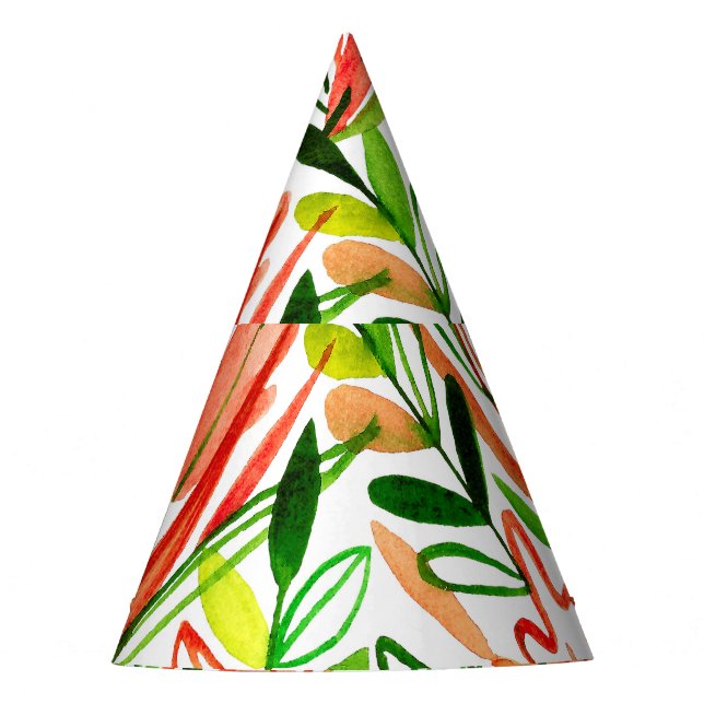 Exotic leaves, flowers, watercolor rainforest patt party hat (Front)