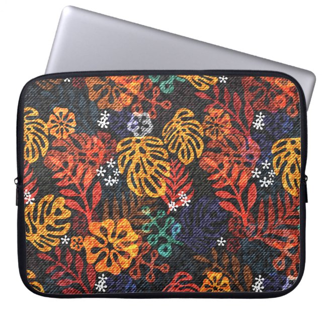 Exotic leaves on denim, seamless print. laptop sleeve (Front)