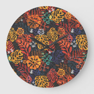 Exotic leaves on denim, seamless print. large clock