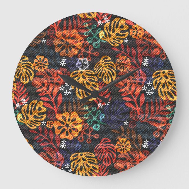 Exotic leaves on denim, seamless print. large clock (Front)