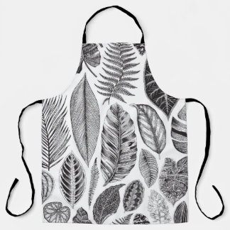 Exotic leaves, vintage floral black and white. apron