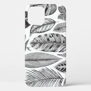 Exotic leaves, vintage floral black and white. iPhone 12 case