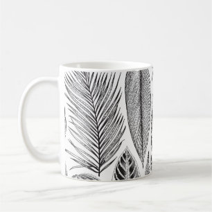 Exotic leaves, vintage floral black and white. coffee mug