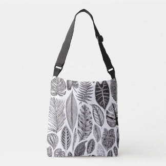 Exotic leaves, vintage floral black and white. crossbody bag
