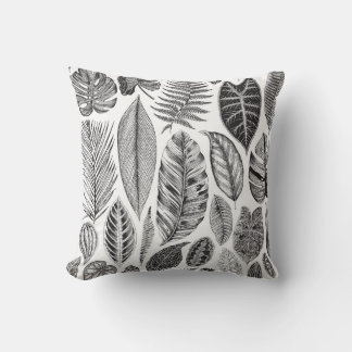Exotic leaves, vintage floral black and white. cushion