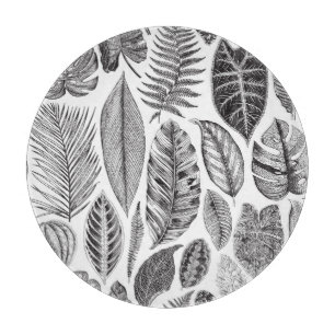 Exotic leaves, vintage floral black and white. cutting board