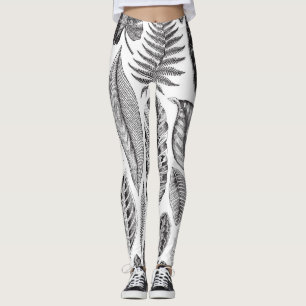 Exotic leaves, vintage floral black and white. leggings