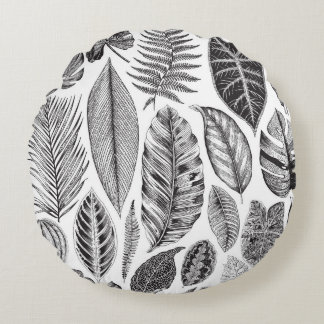 Exotic leaves, vintage floral black and white. round cushion