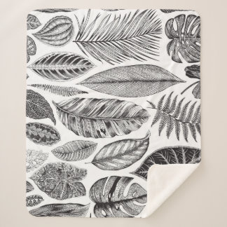Exotic leaves, vintage floral black and white. sherpa blanket