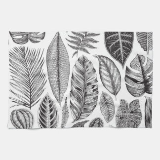 Exotic leaves, vintage floral black and white. tea towel