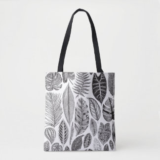 Exotic leaves, vintage floral black and white. tote bag
