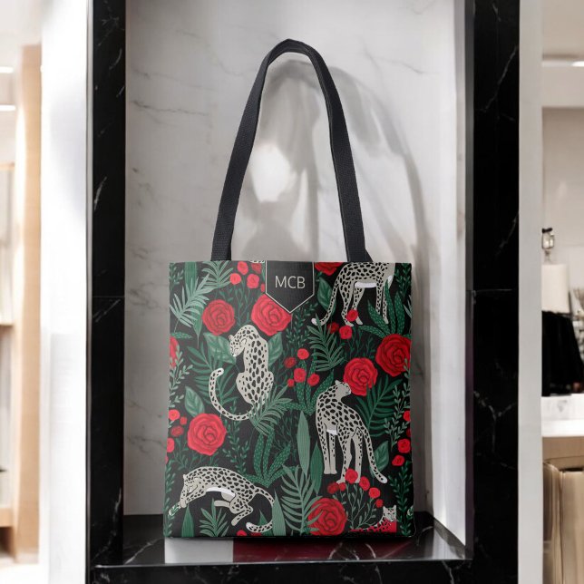 Exotic Leopard Jungle Floral Pattern with Monogram Tote Bag (Creator Uploaded)