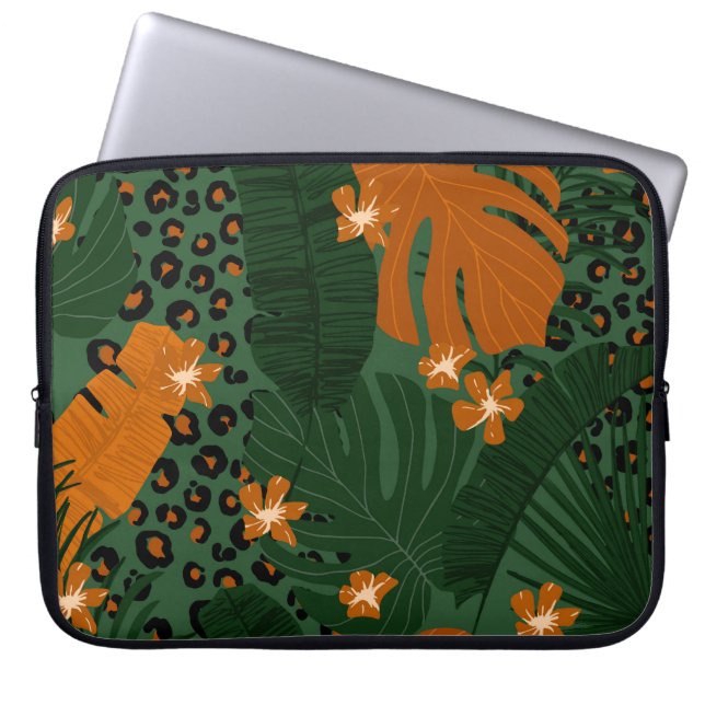 Exotic Leopard Tropical Leaves Pattern Laptop Sleeve (Front)
