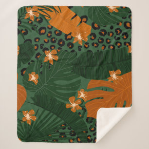 Exotic Leopard Tropical Leaves Pattern Sherpa Blanket