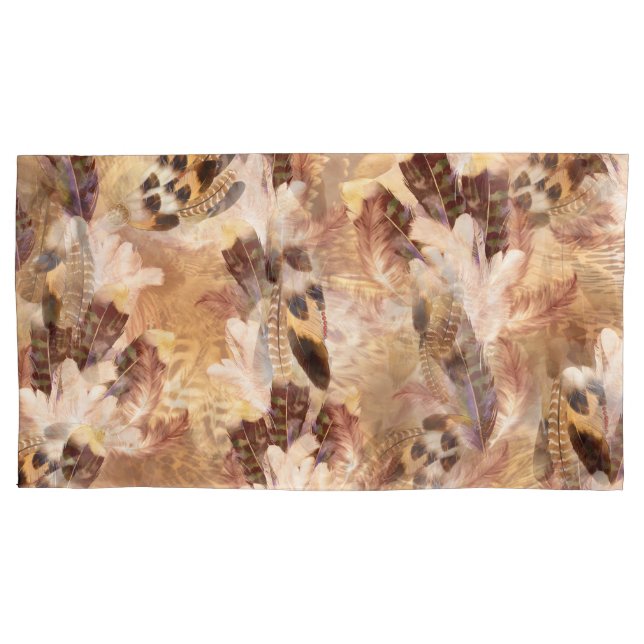 Exotic Mix Brown Tones Bird feather Print Pillowcase (Front-Left)