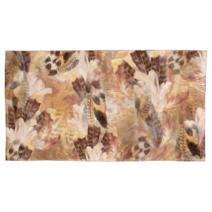 Exotic Mix Brown Tones Bird feather Print Pillowcase