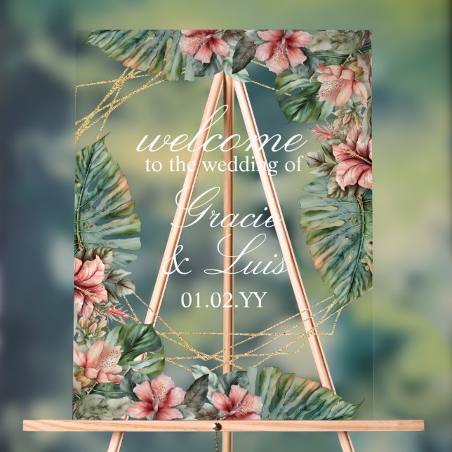 Exotic Monstera Botanical Florals Gold Wedding Acrylic Sign (Neutral)