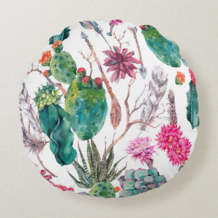 Exotic natural vintage watercolor seamless pattern round cushion