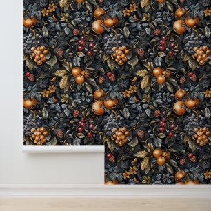 Exotic orange fruits & leaves luxury dark colour wallpaper