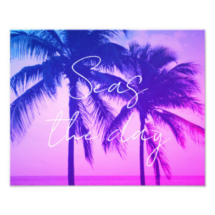 Exotic palm tree silhouette hot neon pink sunset photo print