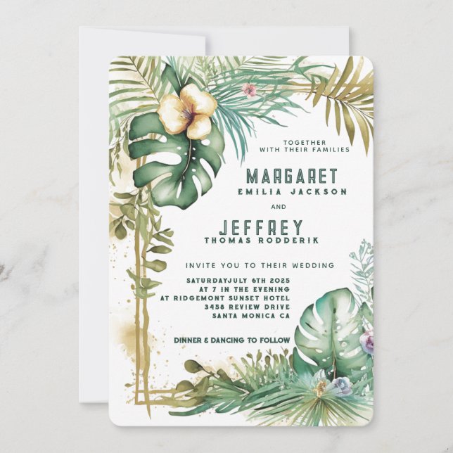 Exotic Palm Tree Summer Beach Floral Wedding  Invitation (Front)