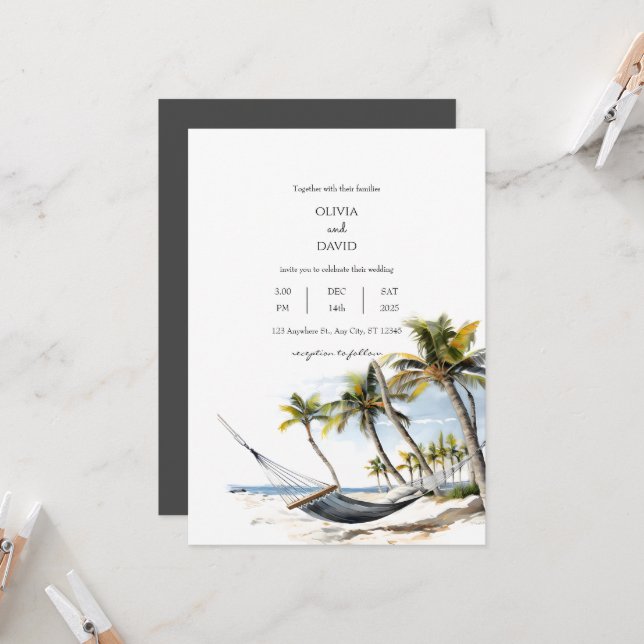 Exotic Palm Trees Hammock Relaxation Beach Wedding Invitation (Front/Back In Situ)
