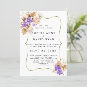 Exotic Pampas Grass Purple Orchids Gold Wedding Invitation