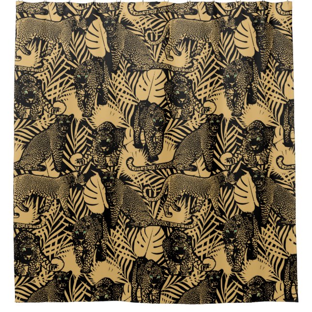 Exotic Panther / Leopard Black and Gold Shower Curtain (Front)
