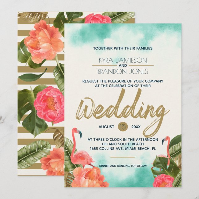 Exotic Paradise Flamingoes Wedding Invitation (Front/Back)