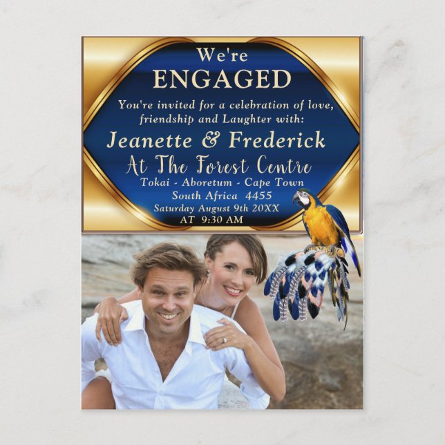 Exotic-Parrot Blue tone feathers Engagement Invitation Postcard (Front)
