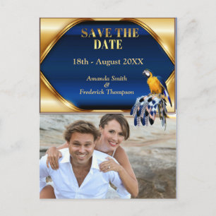 Exotic-Parrot Blue tone feathers Save the Dates Announcement Postcard